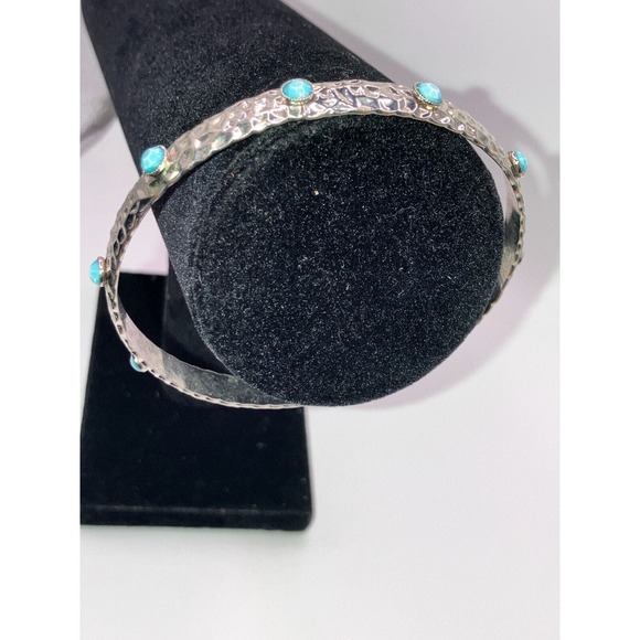 Vintage Hammered Silver-Tone with Turquoise Tone Bangle Bracelet! - Picture 3 of 5